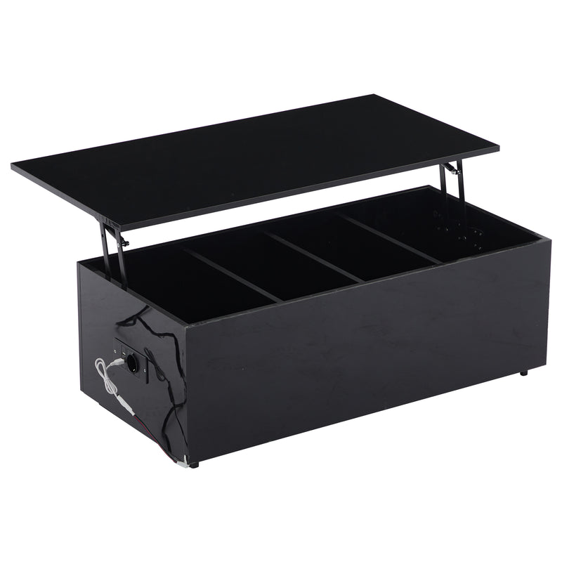 Table Basse Relevable Hydraulique Noire Laquée avec LED RGB, Rangement Caché et Ports USB (100x50x35-60cm) OKRUITS BLACK