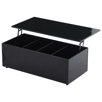 Table Basse Relevable Hydraulique Noire Laquée avec LED RGB, Rangement Caché et Ports USB (100x50x35-60cm) OKRUITS BLACK