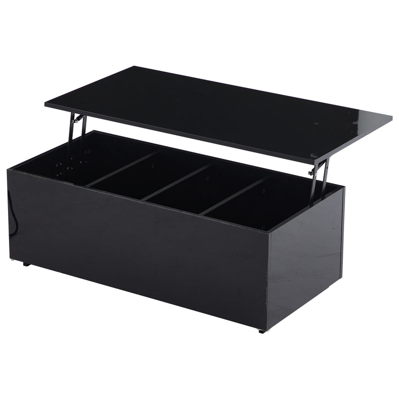 Table Basse Relevable Hydraulique Noire Laquée avec LED RGB, Rangement Caché et Ports USB (100x50x35-60cm) OKRUITS BLACK