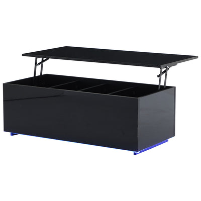 Table Basse Relevable Hydraulique Noire Laquée avec LED RGB, Rangement Caché et Ports USB (100x50x35-60cm) OKRUITS BLACK