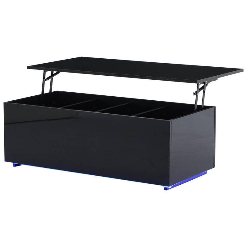Table Basse Relevable Hydraulique Noire Laquée avec LED RGB, Rangement Caché et Ports USB (100x50x35-60cm) OKRUITS BLACK