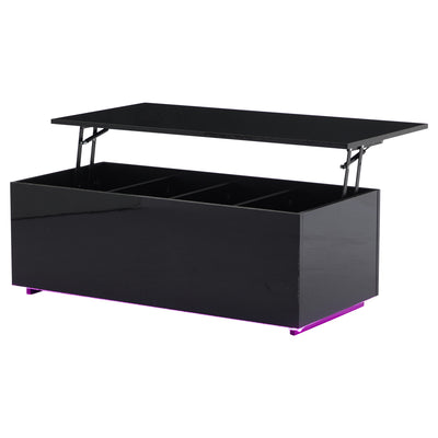 Table Basse Relevable Hydraulique Noire Laquée avec LED RGB, Rangement Caché et Ports USB (100x50x35-60cm) OKRUITS BLACK