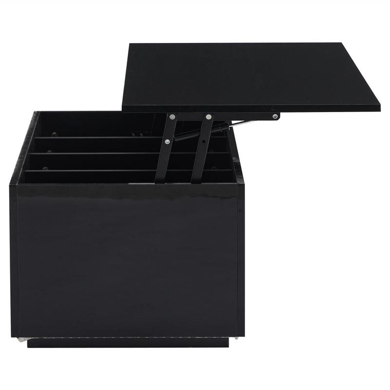 Table Basse Relevable Hydraulique Noire Laquée avec LED RGB, Rangement Caché et Ports USB (100x50x35-60cm) OKRUITS BLACK