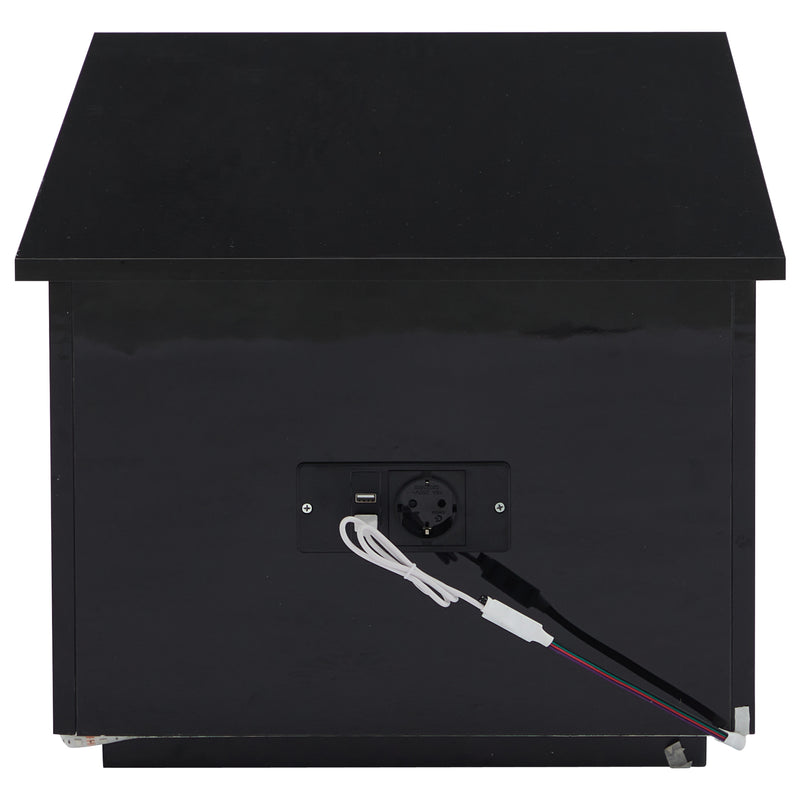 Table Basse Relevable Hydraulique Noire Laquée avec LED RGB, Rangement Caché et Ports USB (100x50x35-60cm) OKRUITS BLACK