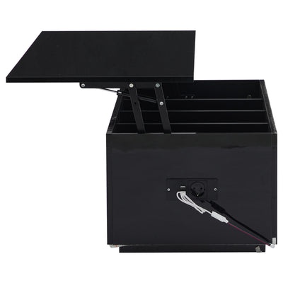 Table Basse Relevable Hydraulique Noire Laquée avec LED RGB, Rangement Caché et Ports USB (100x50x35-60cm) OKRUITS BLACK