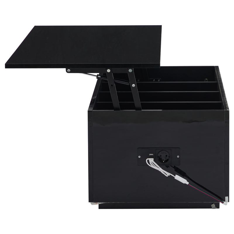 Table Basse Relevable Hydraulique Noire Laquée avec LED RGB, Rangement Caché et Ports USB (100x50x35-60cm) OKRUITS BLACK