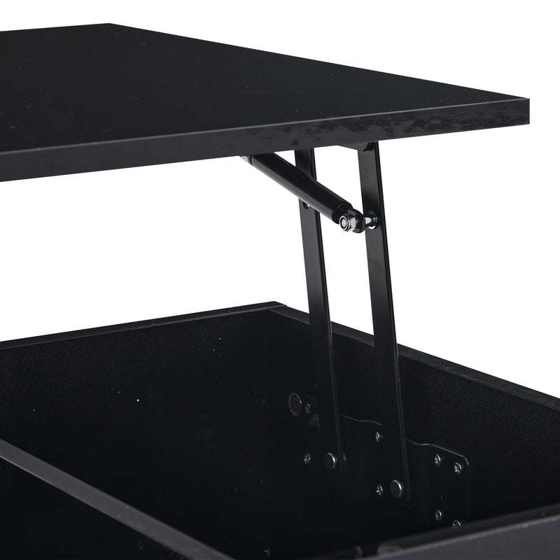 Table Basse Relevable Hydraulique Noire Laquée avec LED RGB, Rangement Caché et Ports USB (100x50x35-60cm) OKRUITS BLACK