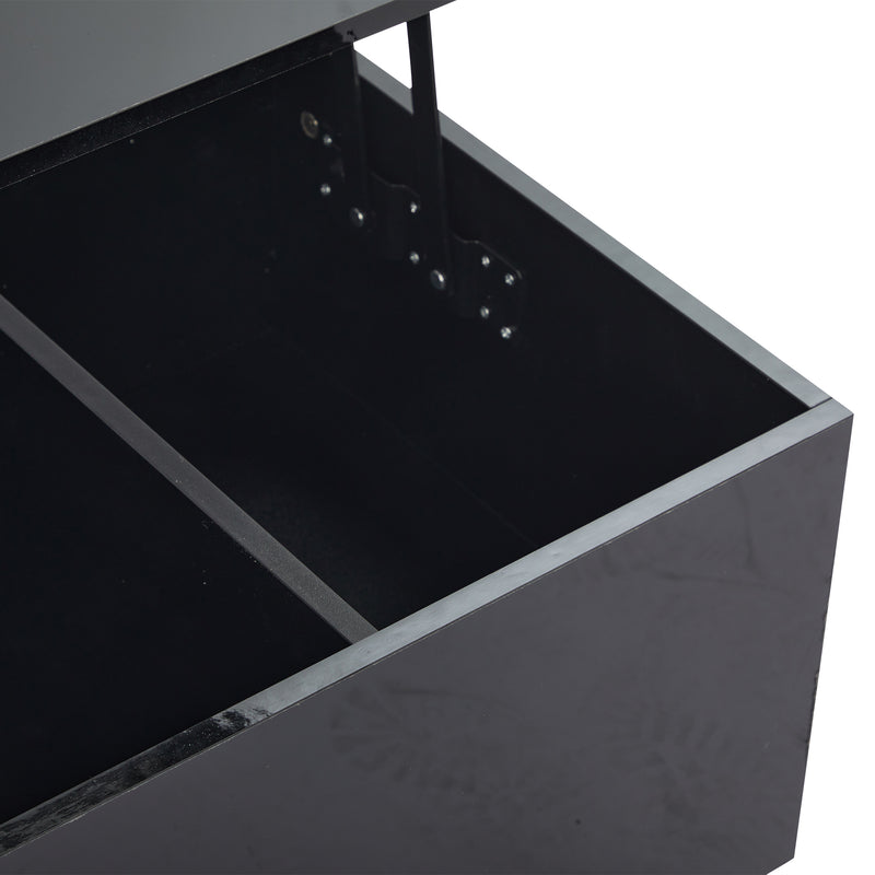 Table Basse Relevable Hydraulique Noire Laquée avec LED RGB, Rangement Caché et Ports USB (100x50x35-60cm) OKRUITS BLACK