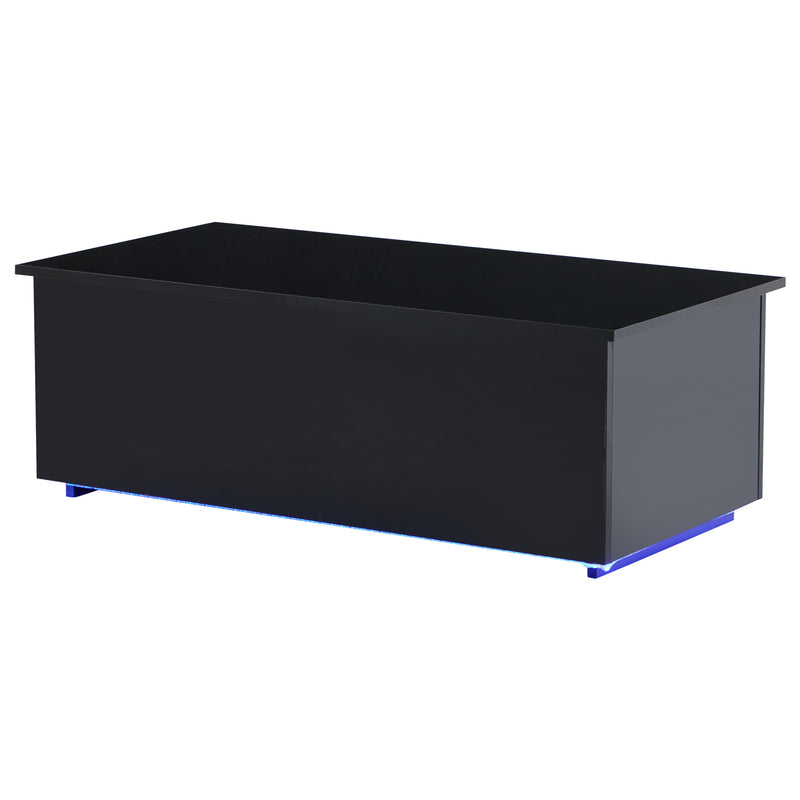 Table Basse Relevable Hydraulique Noire Laquée avec LED RGB, Rangement Caché et Ports USB (100x50x35-60cm) OKRUITS BLACK