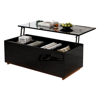 Table Basse Relevable Hydraulique Noire Laquée avec LED RGB, Rangement Caché et Ports USB (100x50x35-60cm) OKRUITS BLACK