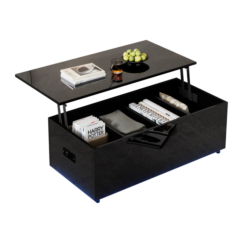 Table Basse Relevable Hydraulique Noire Laquée avec LED RGB, Rangement Caché et Ports USB (100x50x35-60cm) OKRUITS BLACK