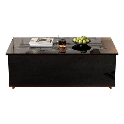 Table Basse Relevable Hydraulique Noire Laquée avec LED RGB, Rangement Caché et Ports USB (100x50x35-60cm) OKRUITS BLACK
