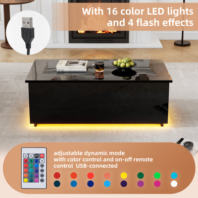 Table Basse Relevable Hydraulique Noire Laquée avec LED RGB, Rangement Caché et Ports USB (100x50x35-60cm) OKRUITS BLACK