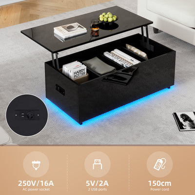 Table Basse Relevable Hydraulique Noire Laquée avec LED RGB, Rangement Caché et Ports USB (100x50x35-60cm) OKRUITS BLACK