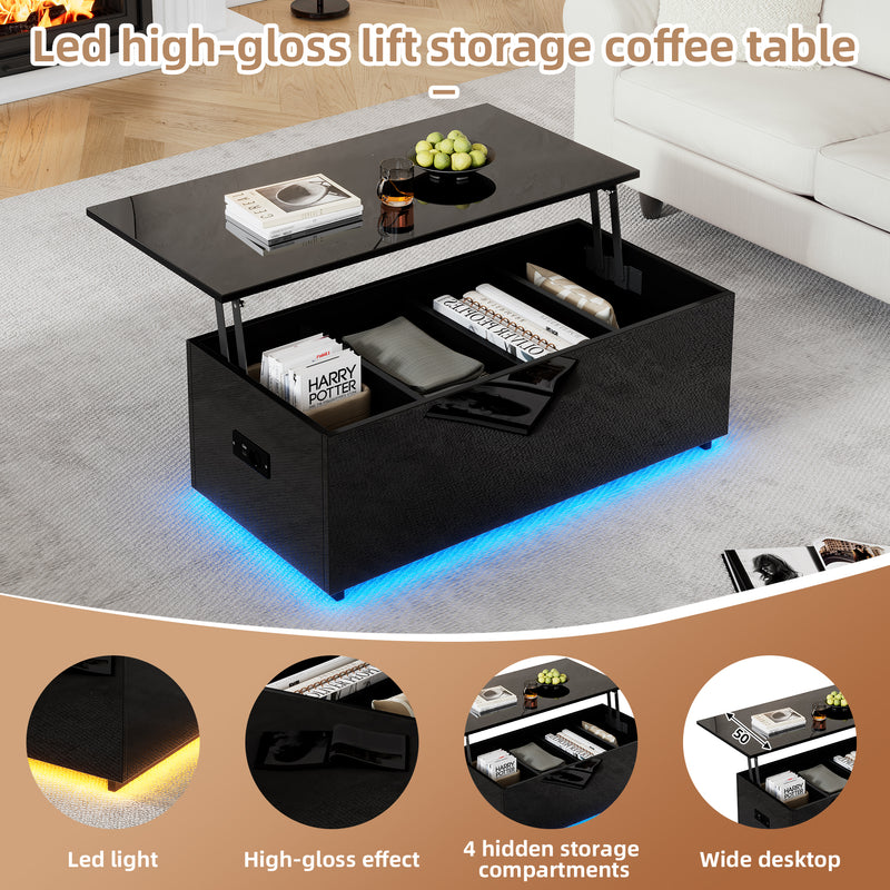 Table Basse Relevable Hydraulique Noire Laquée avec LED RGB, Rangement Caché et Ports USB (100x50x35-60cm) OKRUITS BLACK