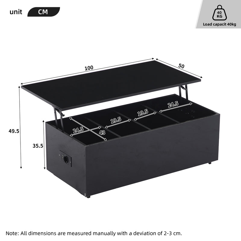 Table Basse Relevable Hydraulique Noire Laquée avec LED RGB, Rangement Caché et Ports USB (100x50x35-60cm) OKRUITS BLACK