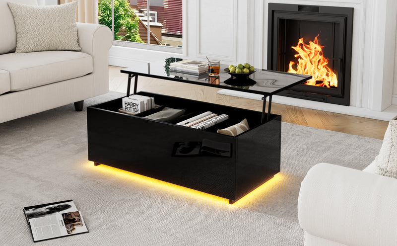 Table Basse Relevable Hydraulique Noire Laquée avec LED RGB, Rangement Caché et Ports USB (100x50x35-60cm) OKRUITS BLACK