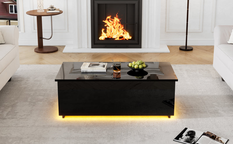 Table Basse Relevable Hydraulique Noire Laquée avec LED RGB, Rangement Caché et Ports USB (100x50x35-60cm) OKRUITS BLACK