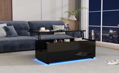 Table Basse Relevable Hydraulique Noire Laquée avec LED RGB, Rangement Caché et Ports USB (100x50x35-60cm) OKRUITS BLACK