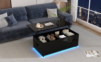 Table Basse Relevable Hydraulique Noire Laquée avec LED RGB, Rangement Caché et Ports USB (100x50x35-60cm) OKRUITS BLACK