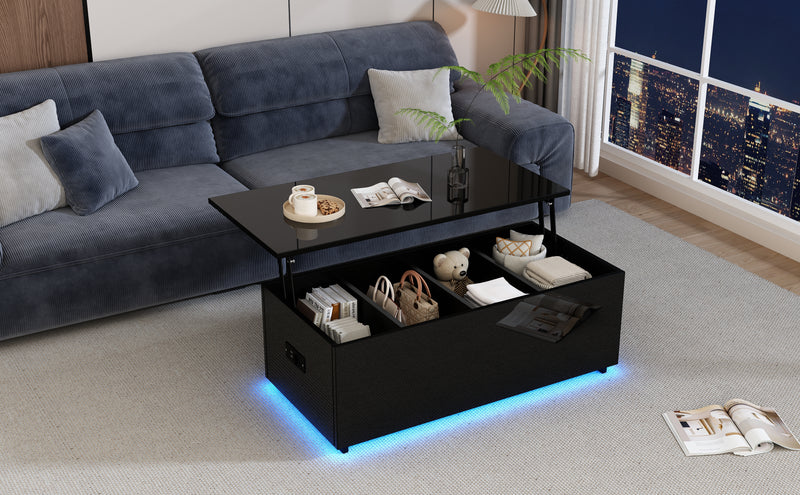 Table Basse Relevable Hydraulique Noire Laquée avec LED RGB, Rangement Caché et Ports USB (100x50x35-60cm) OKRUITS BLACK
