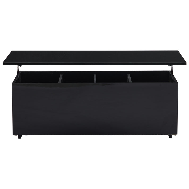 Table Basse Relevable Hydraulique Noire Laquée avec LED RGB, Rangement Caché et Ports USB (100x50x35-60cm) OKRUITS BLACK