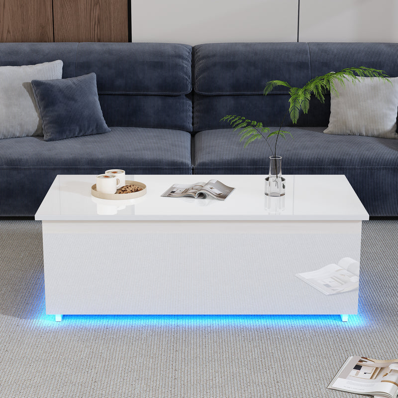 Table Basse Relevable Hydraulique Blanche Laquée avec LED RGB, Rangement Caché et Ports USB (100x50x35-60cm)  WHITE