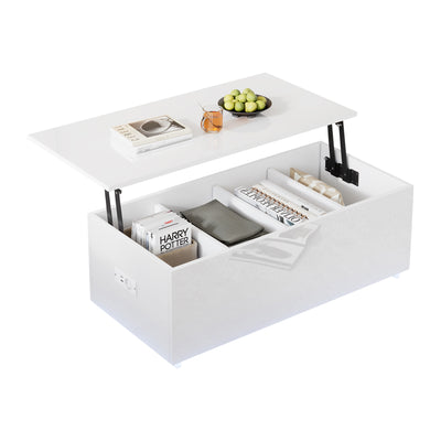 Table Basse Relevable Hydraulique Blanche Laquée avec LED RGB, Rangement Caché et Ports USB (100x50x35-60cm)  WHITE