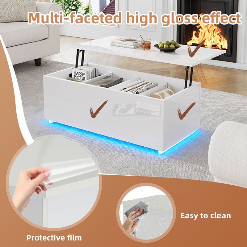 Table Basse Relevable Hydraulique Blanche Laquée avec LED RGB, Rangement Caché et Ports USB (100x50x35-60cm)  WHITE