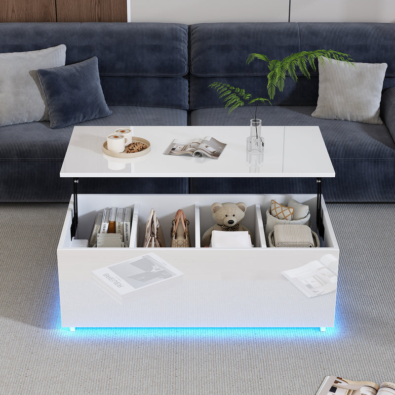 Table Basse Relevable Hydraulique Blanche Laquée avec LED RGB, Rangement Caché et Ports USB (100x50x35-60cm)  WHITE