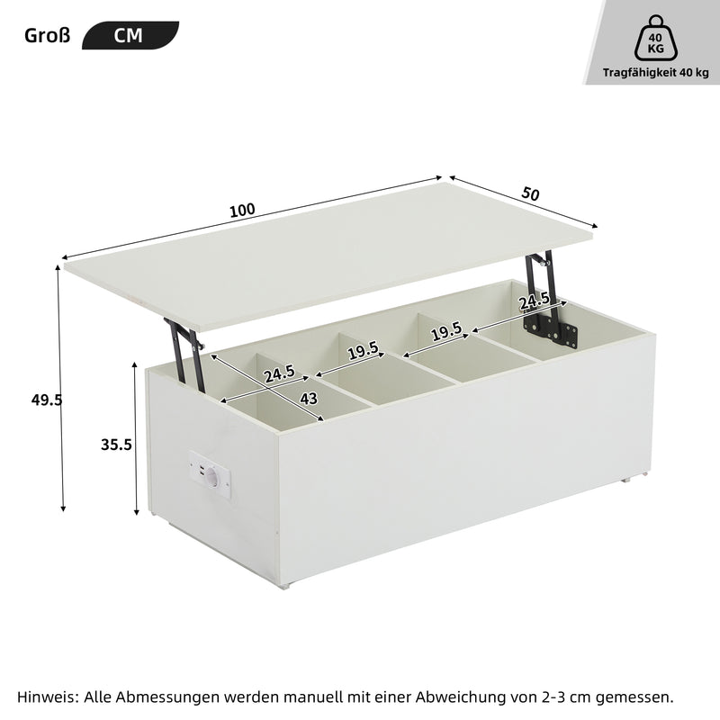 Table Basse Relevable Hydraulique Blanche Laquée avec LED RGB, Rangement Caché et Ports USB (100x50x35-60cm)  WHITE