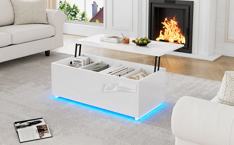 Table Basse Relevable Hydraulique Blanche Laquée avec LED RGB, Rangement Caché et Ports USB (100x50x35-60cm)  WHITE