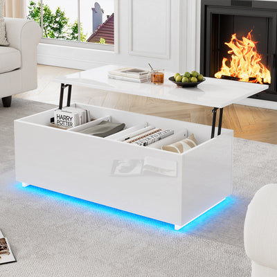 Table Basse Relevable Hydraulique Blanche Laquée avec LED RGB, Rangement Caché et Ports USB (100x50x35-60cm)  WHITE