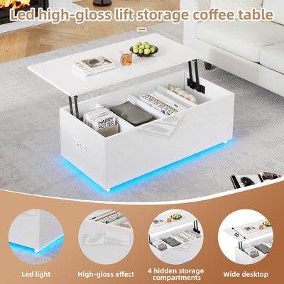 Table Basse Relevable Hydraulique Blanche Laquée avec LED RGB, Rangement Caché et Ports USB (100x50x35-60cm)  WHITE