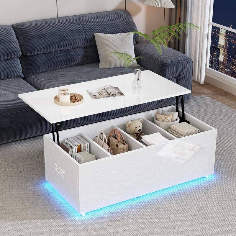 Table Basse Relevable Hydraulique Blanche Laquée avec LED RGB, Rangement Caché et Ports USB (100x50x35-60cm)  WHITE