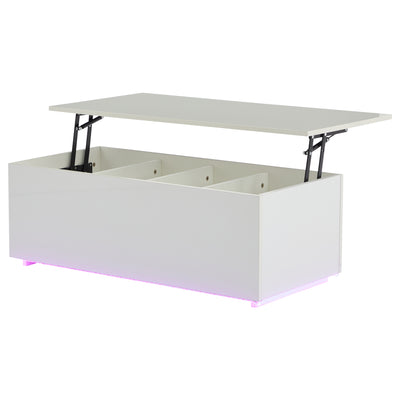 Table Basse Relevable Hydraulique Blanche Laquée avec LED RGB, Rangement Caché et Ports USB (100x50x35-60cm)  WHITE