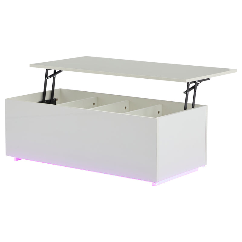 Table Basse Relevable Hydraulique Blanche Laquée avec LED RGB, Rangement Caché et Ports USB (100x50x35-60cm)  WHITE