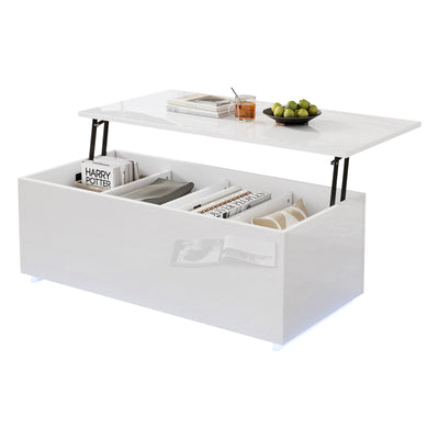 Table Basse Relevable Hydraulique Blanche Laquée avec LED RGB, Rangement Caché et Ports USB (100x50x35-60cm)  WHITE
