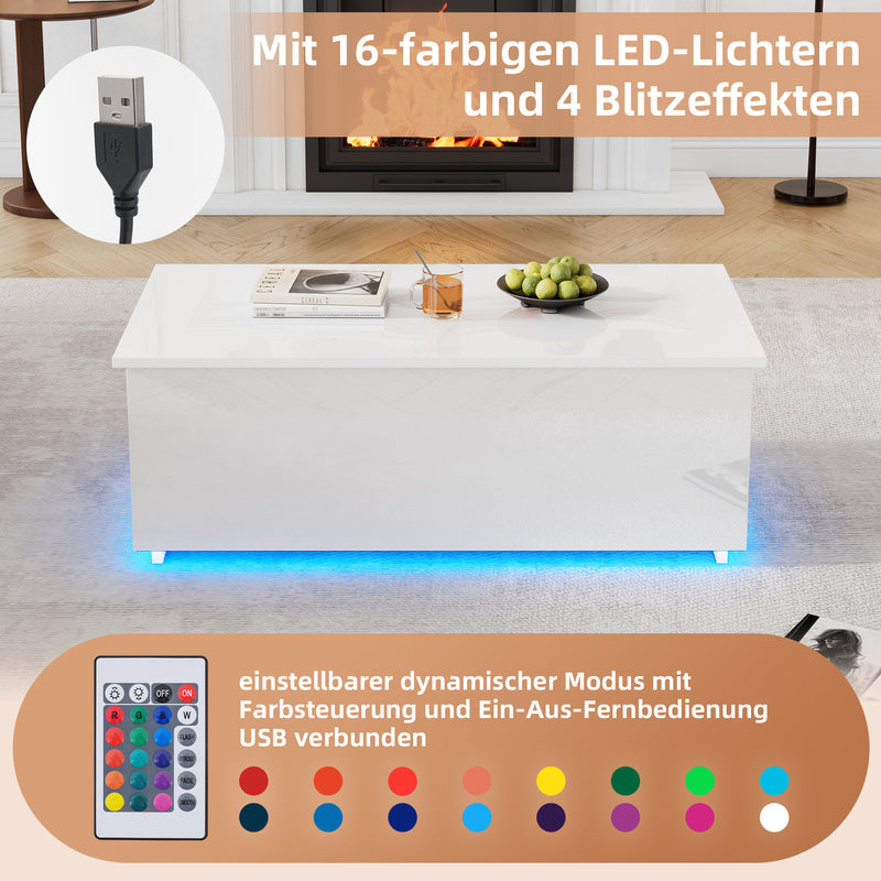 Table Basse Relevable Hydraulique Blanche Laquée avec LED RGB, Rangement Caché et Ports USB (100x50x35-60cm)  WHITE