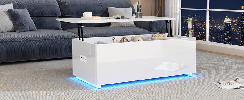Table Basse Relevable Hydraulique Blanche Laquée avec LED RGB, Rangement Caché et Ports USB (100x50x35-60cm)  WHITE