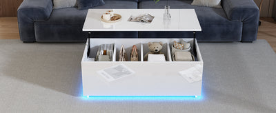 Table Basse Relevable Hydraulique Blanche Laquée avec LED RGB, Rangement Caché et Ports USB (100x50x35-60cm)  WHITE