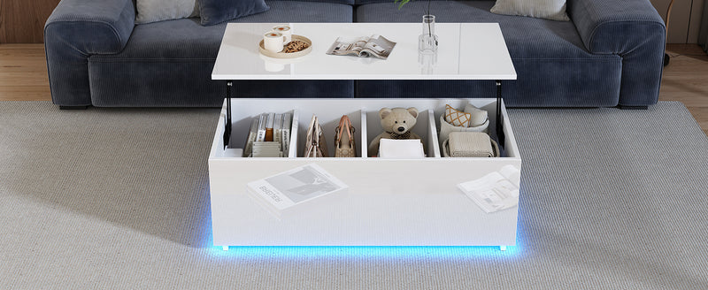 Table Basse Relevable Hydraulique Blanche Laquée avec LED RGB, Rangement Caché et Ports USB (100x50x35-60cm)  WHITE