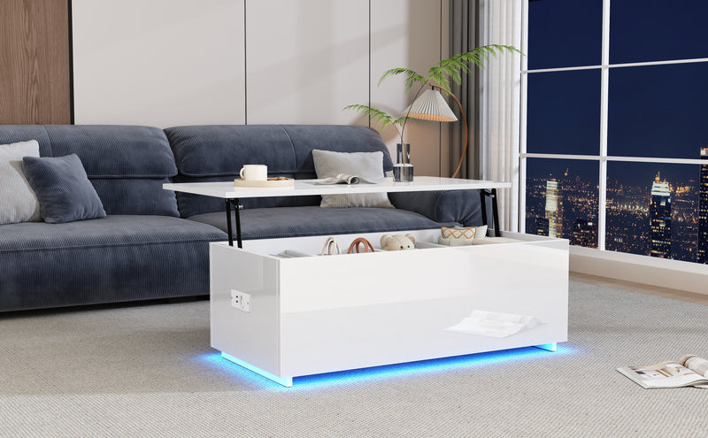 Table Basse Relevable Hydraulique Blanche Laquée avec LED RGB, Rangement Caché et Ports USB (100x50x35-60cm)  WHITE