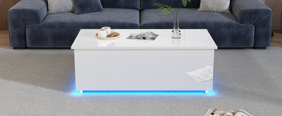 Table Basse Relevable Hydraulique Blanche Laquée avec LED RGB, Rangement Caché et Ports USB (100x50x35-60cm)  WHITE