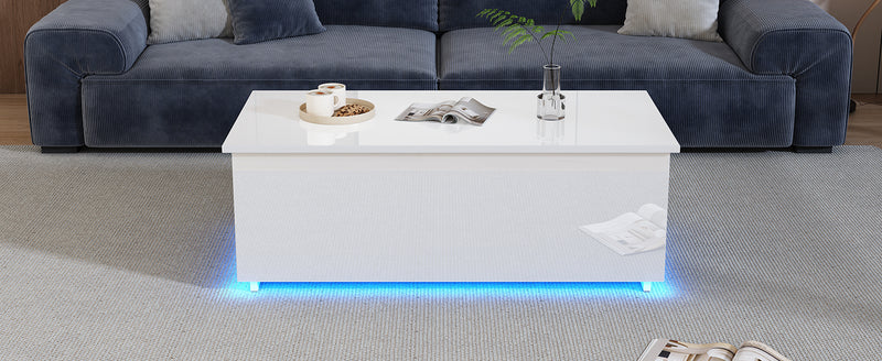 Table Basse Relevable Hydraulique Blanche Laquée avec LED RGB, Rangement Caché et Ports USB (100x50x35-60cm)  WHITE