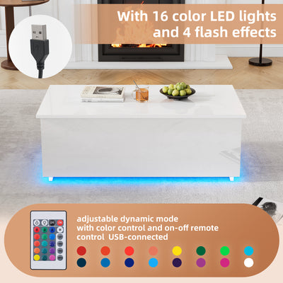 Table Basse Relevable Hydraulique Blanche Laquée avec LED RGB, Rangement Caché et Ports USB (100x50x35-60cm)  WHITE