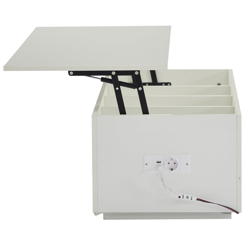 Table Basse Relevable Hydraulique Blanche Laquée avec LED RGB, Rangement Caché et Ports USB (100x50x35-60cm)  WHITE