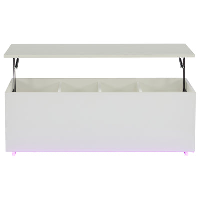 Table Basse Relevable Hydraulique Blanche Laquée avec LED RGB, Rangement Caché et Ports USB (100x50x35-60cm)  WHITE