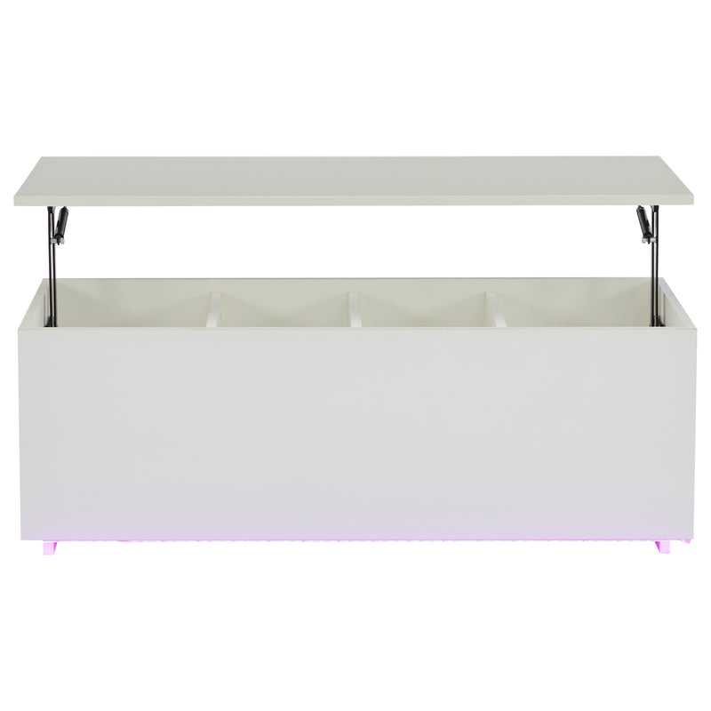 Table Basse Relevable Hydraulique Blanche Laquée avec LED RGB, Rangement Caché et Ports USB (100x50x35-60cm)  WHITE