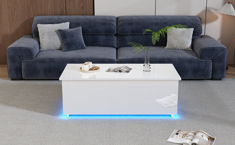Table Basse Relevable Hydraulique Blanche Laquée avec LED RGB, Rangement Caché et Ports USB (100x50x35-60cm)  WHITE